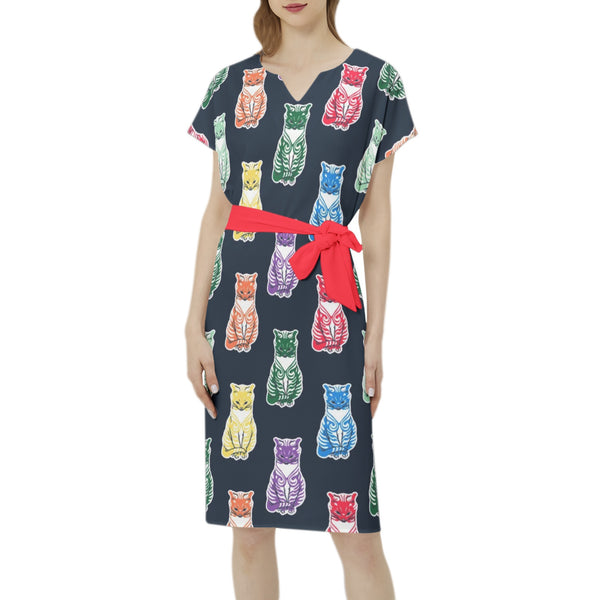 Batwing Sleeve Notch Neck Casual Dress with Belt - Objet D'Art