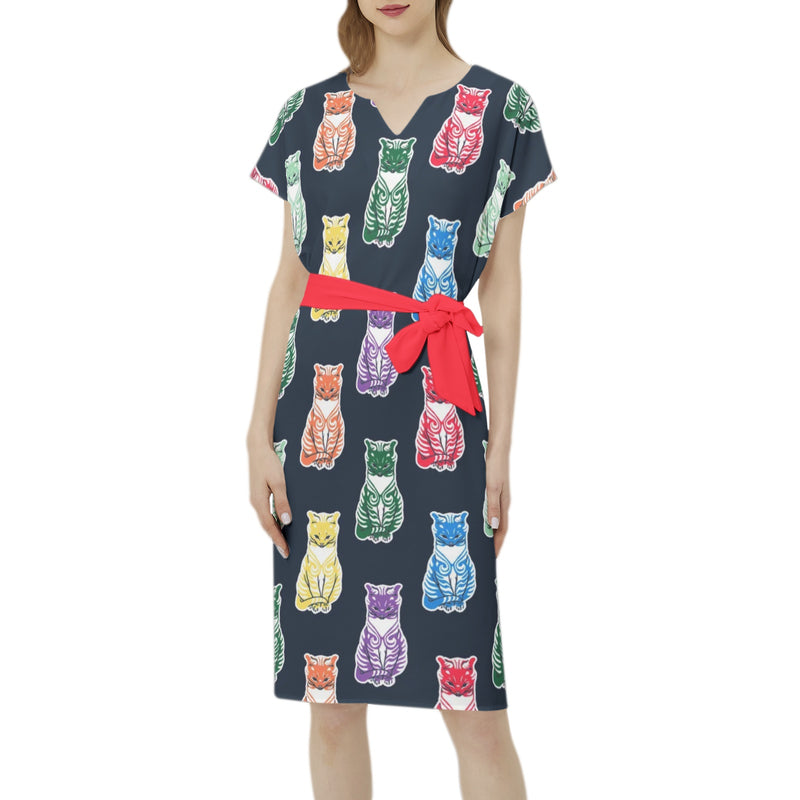 Batwing Sleeve Notch Neck Casual Dress with Belt - Objet D'Art