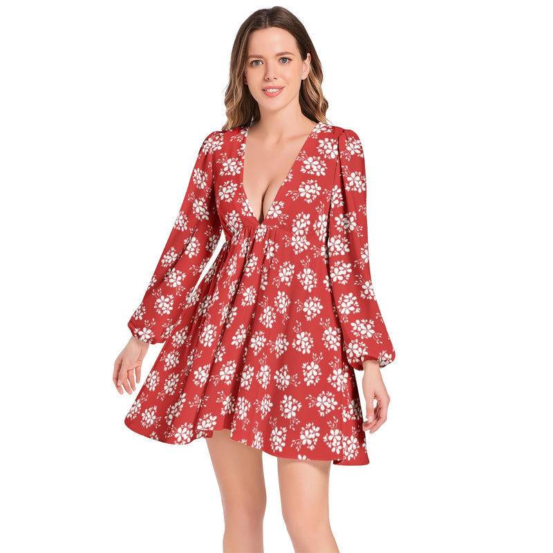 Lantern Sleeve Deep V-Neck Short Dress - Objet D'Art