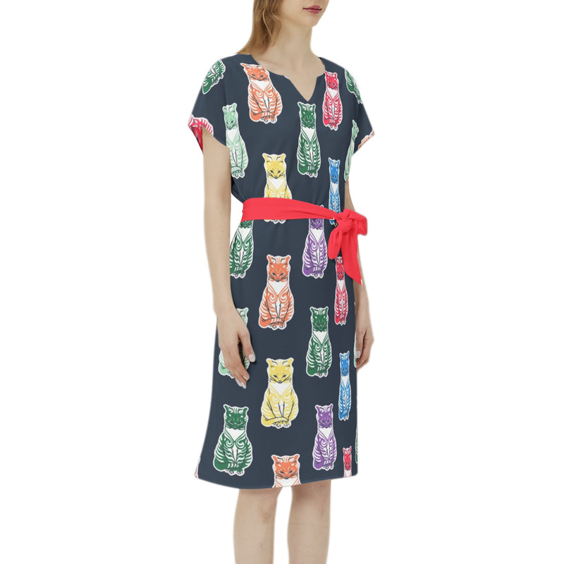 Batwing Sleeve Notch Neck Casual Dress with Belt - Objet D'Art