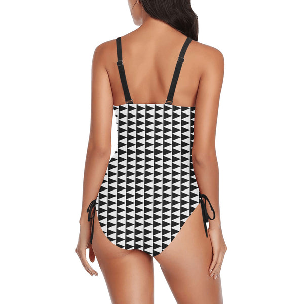 blk triangles right print Drawstring Side One-Piece Swimsuit (Model S14) - Objet D'Art