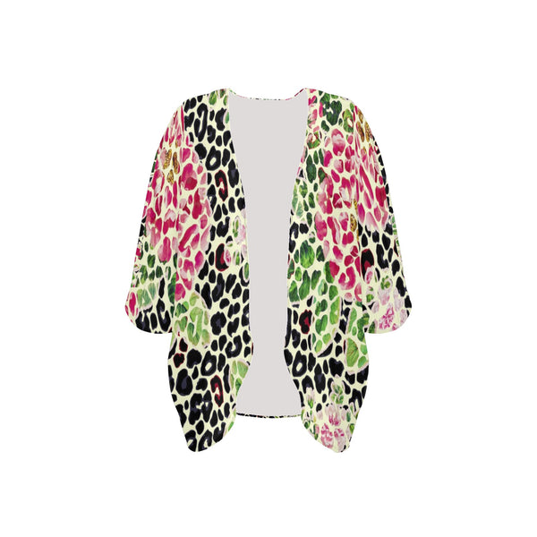 leopard rose print 2 Women's Kimono Chiffon Cover Up (Model H51) - Objet D'Art