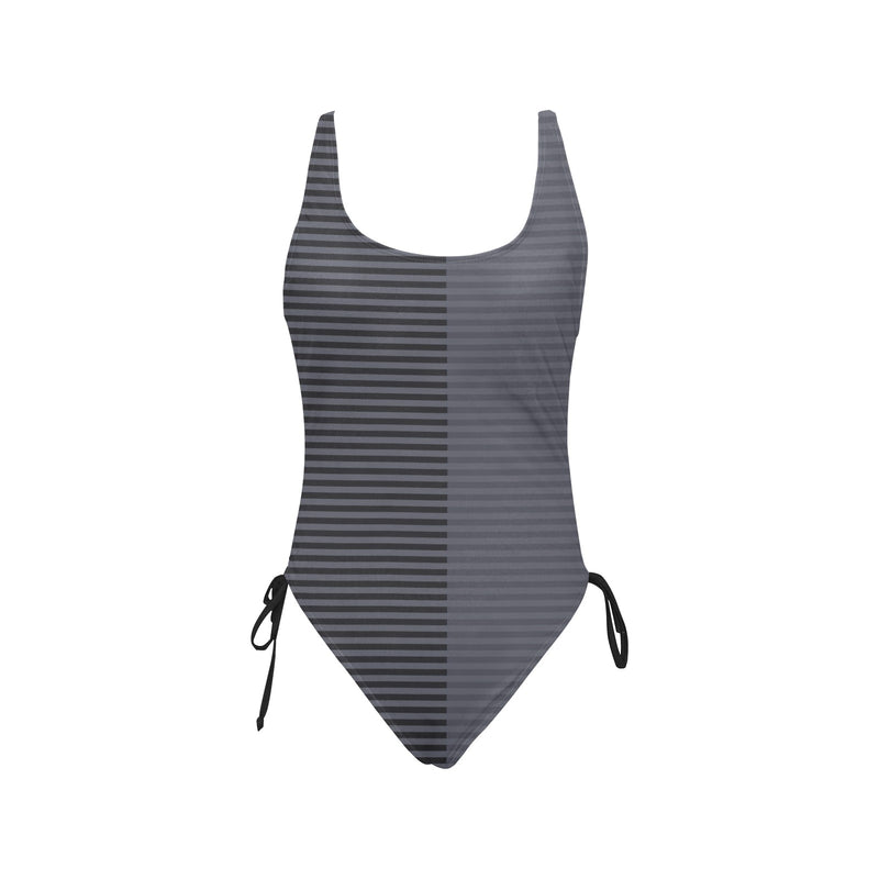 horizontal striped black gray print Drawstring Side One-Piece Swimsuit (Model S14) - Objet D'Art