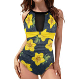 yellow print 2 Women's High Neck Plunge Mesh Ruched Swimsuit (S43) - Objet D'Art