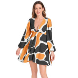 Giraffe Print Lantern Sleeve Deep V-Neck Short Dress - Objet D'Art