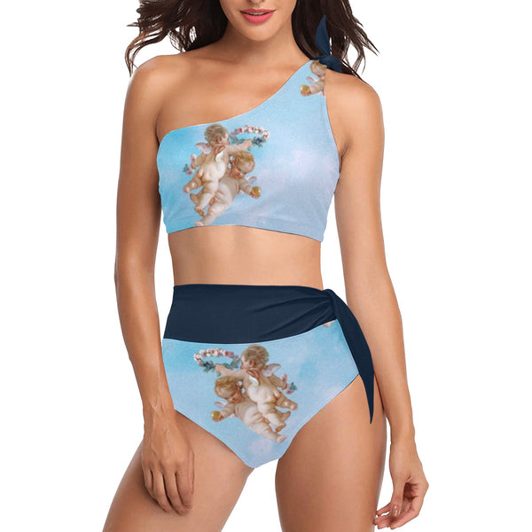 navy blue 2 print 4 High Waisted One Shoulder Bikini Set (Model S16) - Objet D'Art