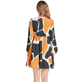 Giraffe Print Lantern Sleeve Deep V-Neck Short Dress - Objet D'Art