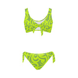 neon green scroll print 2 Bow Tie Front Bikini Swimsuit (Model S38) - Objet D'Art