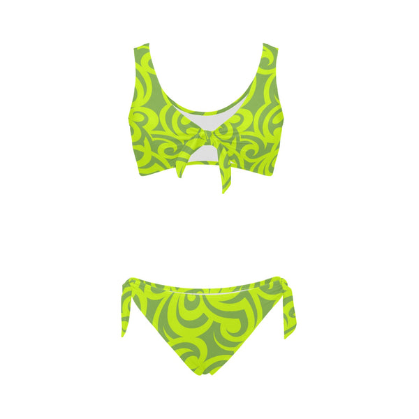 neon green scroll print 2 Bow Tie Front Bikini Swimsuit (Model S38) - Objet D'Art