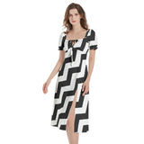 Herringbone Bias Puff Sleeve Split Thigh Midi Dress - Objet D'Art