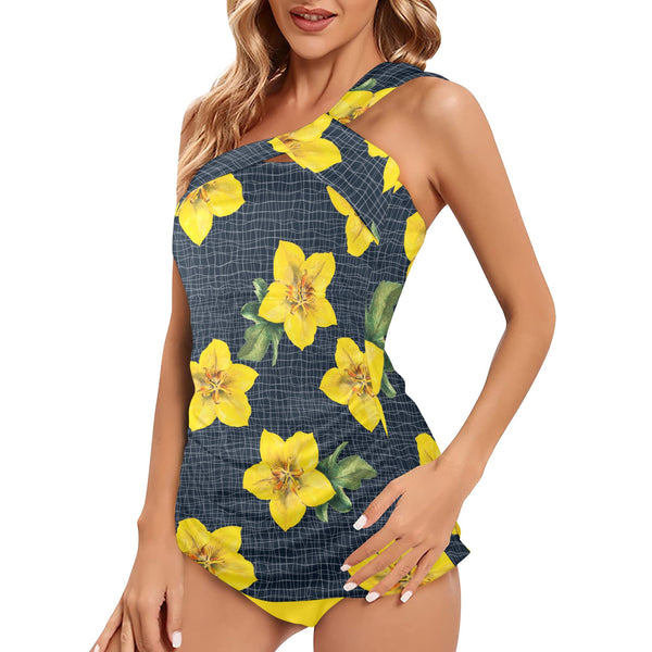 yellow print 2 Women's One Shoulder Backless Swimsuit (Model S44)