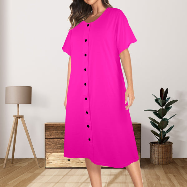 fuchsia solid print 6Q Women's Button Front House Dress - Objet D'Art