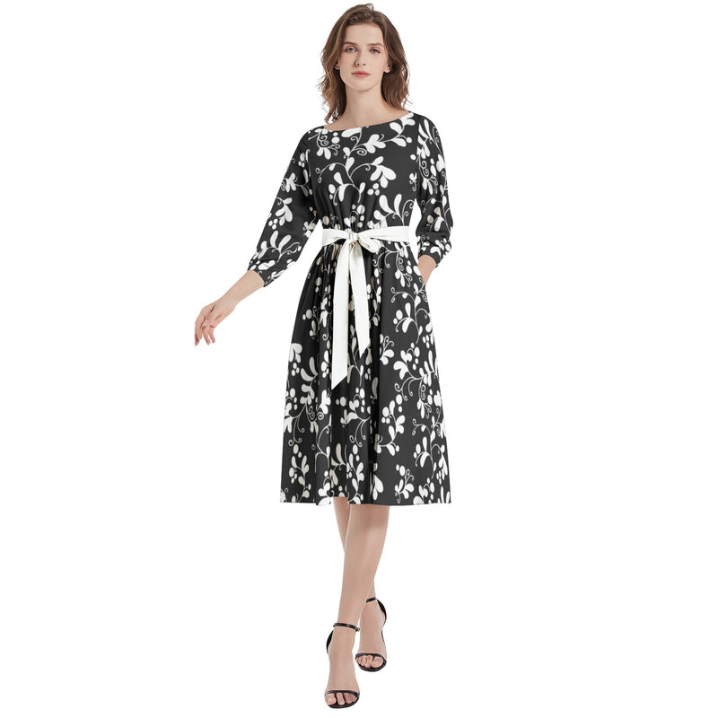 Boat Neck Belted Flared Dress - Objet D'Art