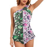 pink green rose print 4 Women's One Shoulder Backless Swimsuit (Model S44) - Objet D'Art