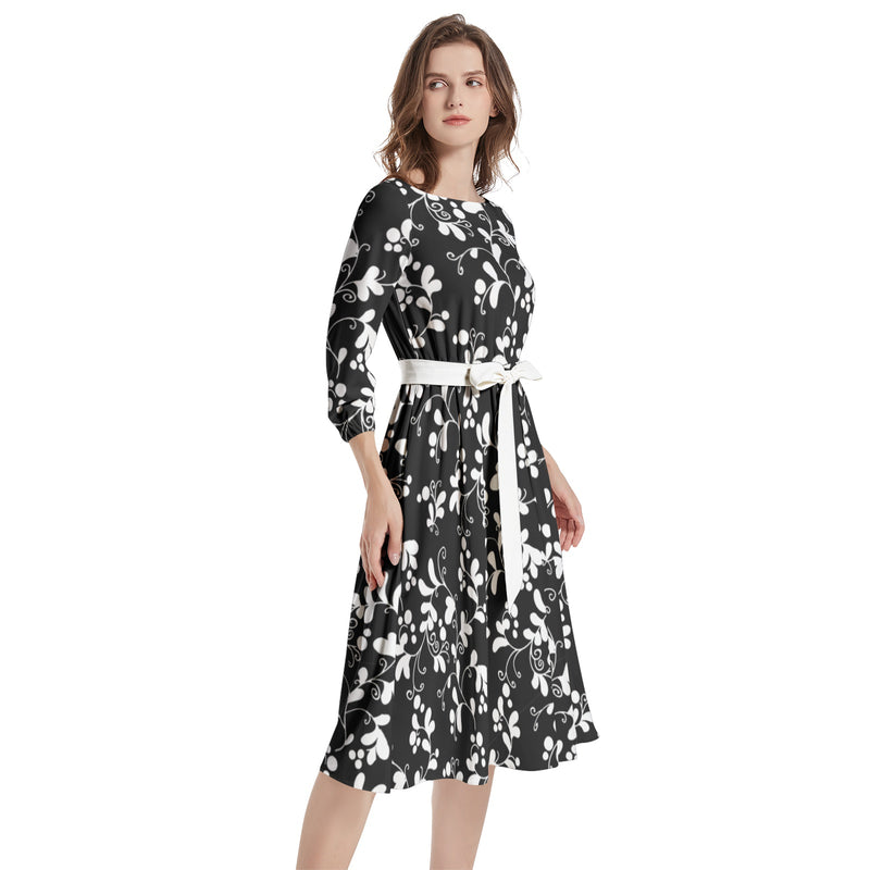 Boat Neck Belted Flared Dress - Objet D'Art