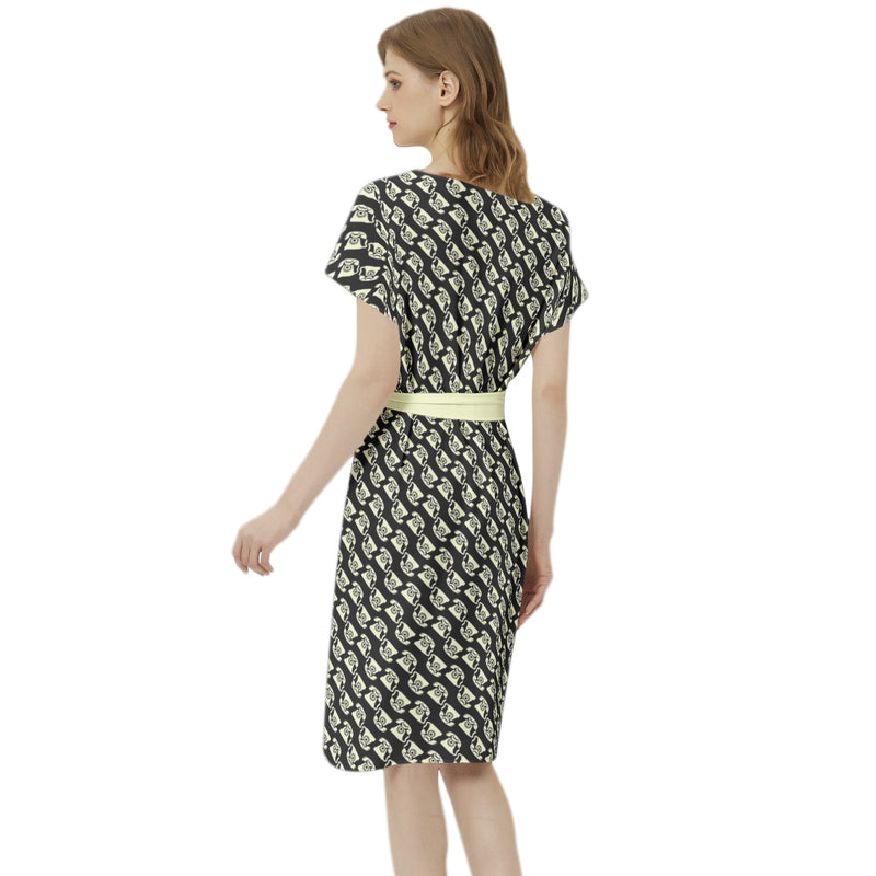 Batwing Sleeve Notch Neck Casual Dress with Belt - Objet D'Art