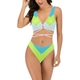 v striped neon green blue white print 5 Cross String Bikini Set (Model S29) - Objet D'Art
