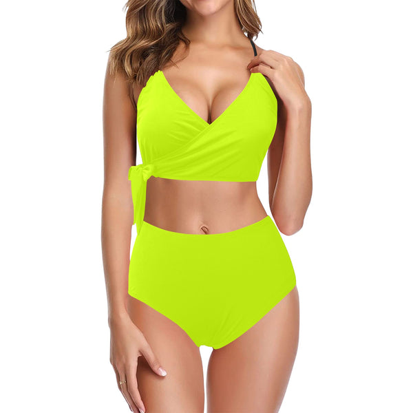 bright neon green print Knot Side Bikini Swimsuit (Model S37) - Objet D'Art