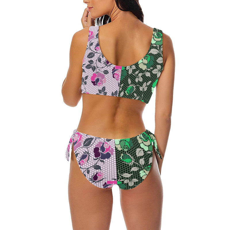 pink green rose print 4 Bow Tie Front Bikini Swimsuit (Model S38) - Objet D'Art