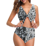 selenium gray print 3 Chest Bowknot Bikini Swimsuit (Model S33) - Objet D'Art