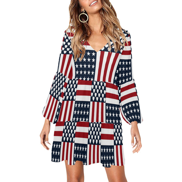 americana love rwb print V-Neck Loose Fit Dress (Model D62) - Objet D'Art