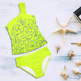 neon green scroll print 2 Women's One Shoulder Backless Swimsuit (Model S44) - Objet D'Art