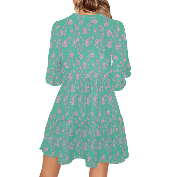 pink & green rose print V-Neck Loose Fit Dress (Model D62) - Objet D'Art