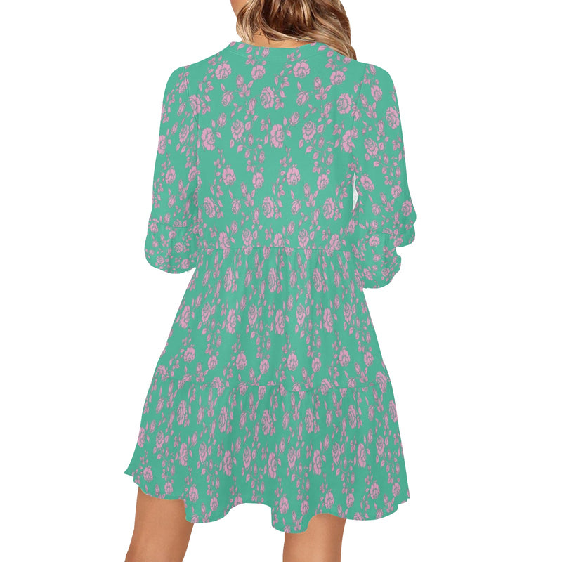 pink & green rose print V-Neck Loose Fit Dress (Model D62) - Objet D'Art