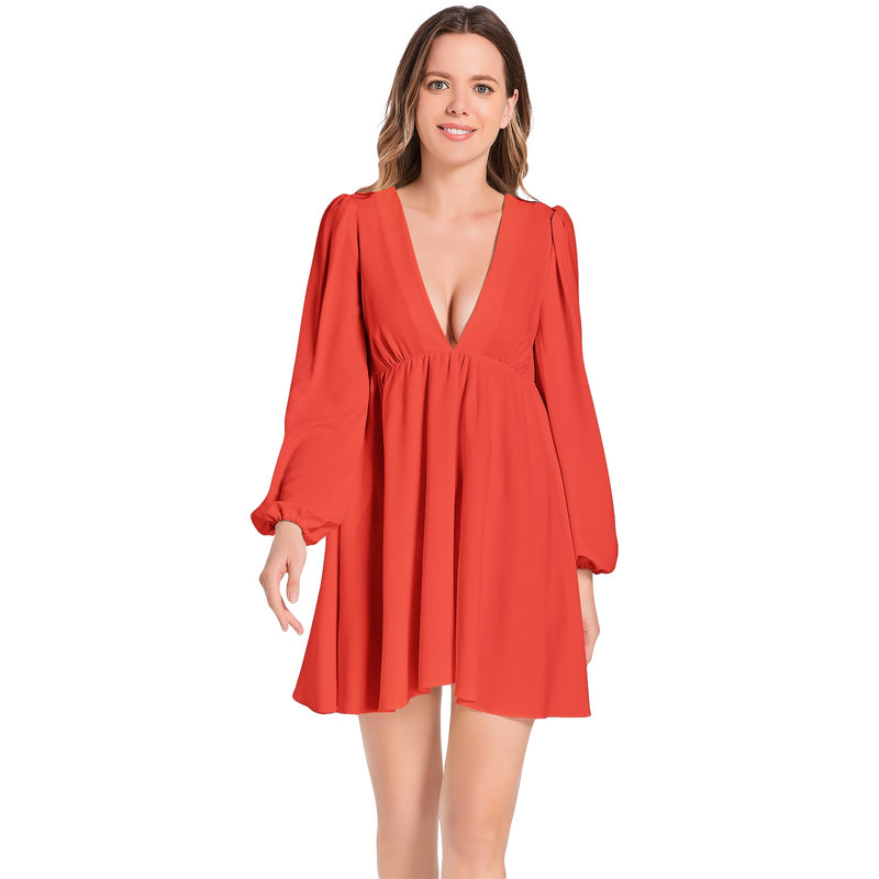 Flaming Red Lantern Sleeve Deep V-Neck Short Dress - Objet D'Art