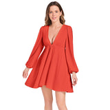 Flaming Red Lantern Sleeve Deep V-Neck Short Dress - Objet D'Art