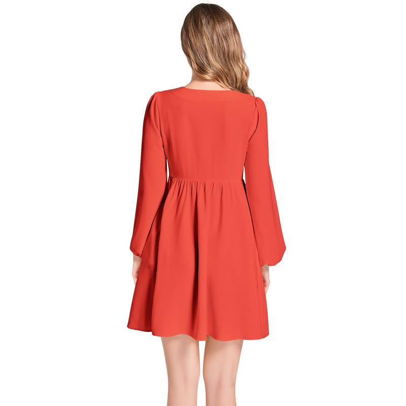 Flaming Red Lantern Sleeve Deep V-Neck Short Dress - Objet D'Art