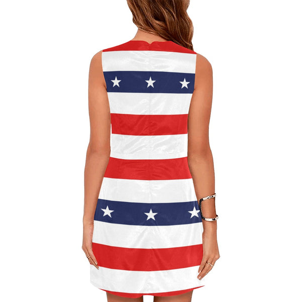 red white blue star and stripes print Eos Women's Sleeveless Dress (Model D01) - Objet D'Art