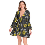 Compliments of the Season Lantern Sleeve Deep V-Neck Short Dress - Objet D'Art