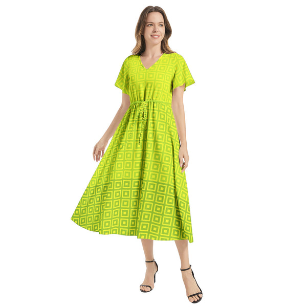 Flutter Sleeve Drawstring Waist Flared Dress - Objet D'Art