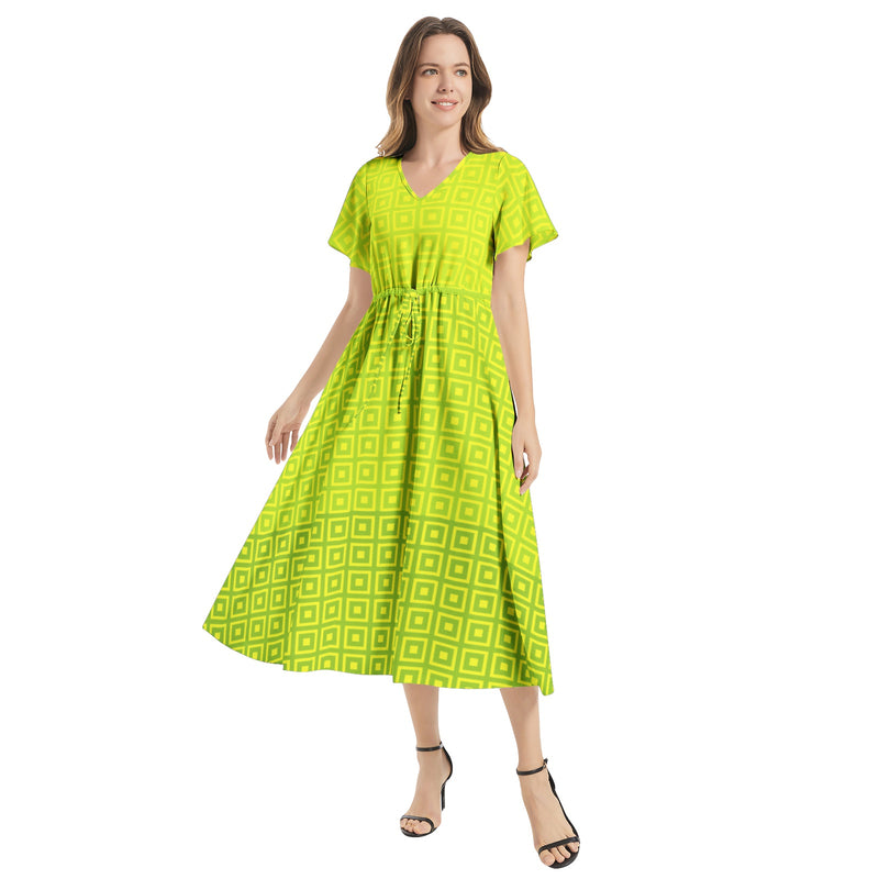Flutter Sleeve Drawstring Waist Flared Dress - Objet D'Art
