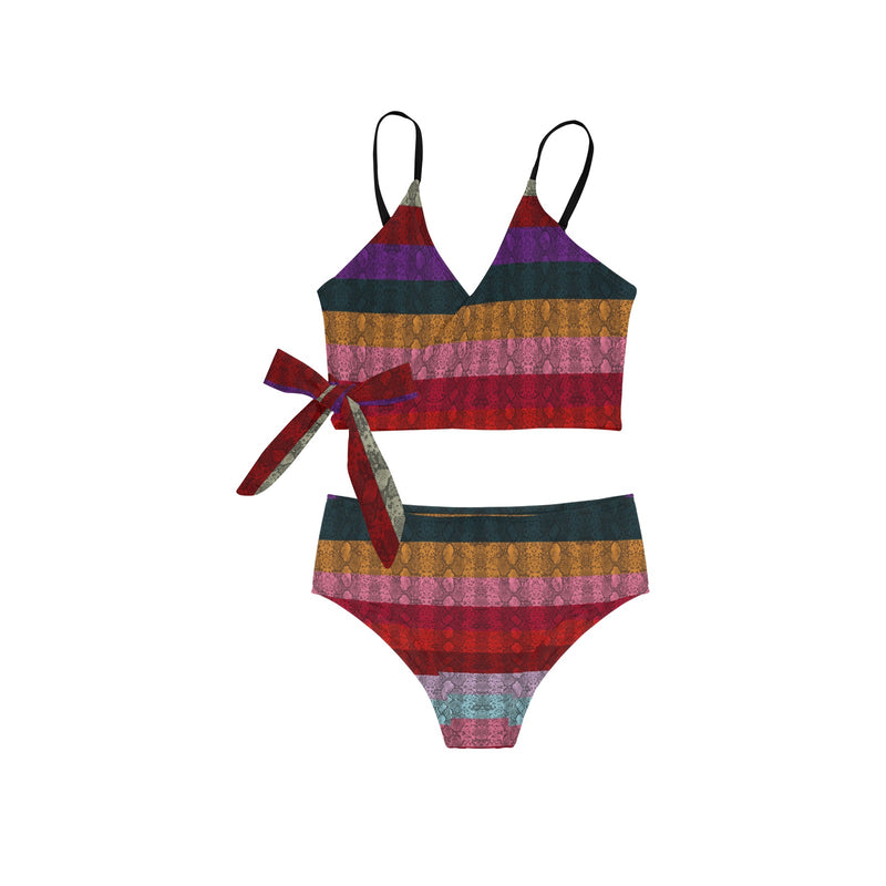 2 multicolored snakeskin2 Knot Side Bikini Swimsuit (Model S37) - Objet D'Art