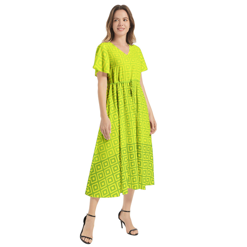 Flutter Sleeve Drawstring Waist Flared Dress - Objet D'Art