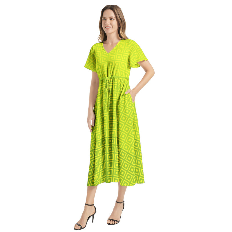Flutter Sleeve Drawstring Waist Flared Dress - Objet D'Art