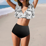 black solid print skirt Women's Ruffle Sleeve Bikini Swimsuit (Model S42) - Objet D'Art