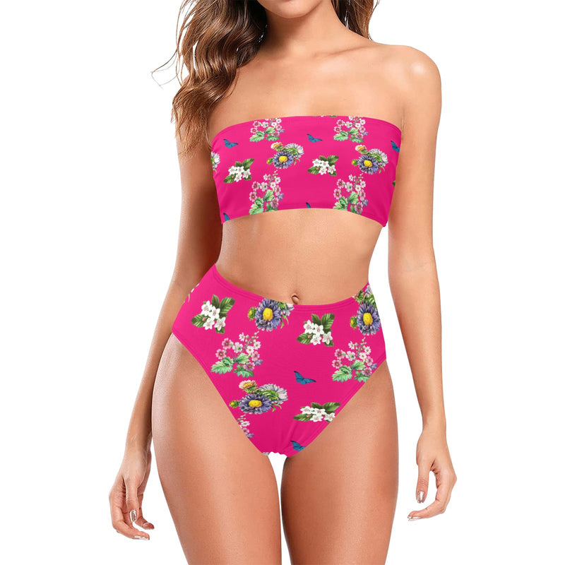 pink floral butterfly print Chest Wrap Bikini Swimsuit (Model S36) - Objet D'Art