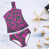 fuchsia rose on gray greek key print Women's One Shoulder Backless Swimsuit (Model S44) - Objet D'Art