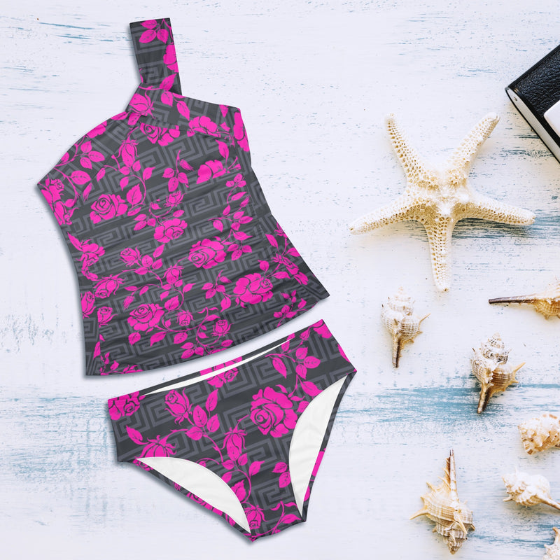 fuchsia rose on gray greek key print Women's One Shoulder Backless Swimsuit (Model S44) - Objet D'Art