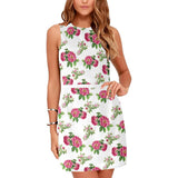 pink on white rose print Eos Women's Sleeveless Dress (Model D01) - Objet D'Art
