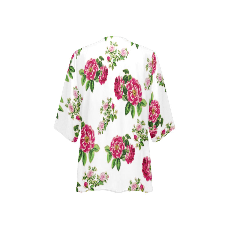 pink on white rose print Women's Kimono Chiffon Cover Up (Model H51) - Objet D'Art