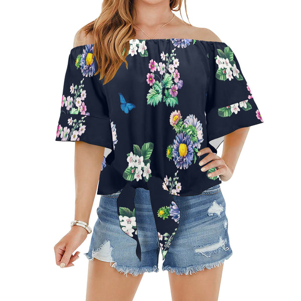 floral print butterfly 4 Off Shoulder Knot Front Blouse (Model T71) - Objet D'Art