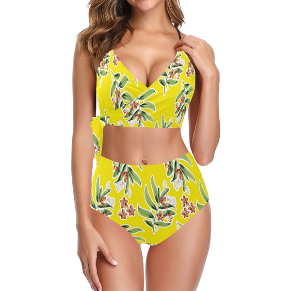 floral white stroke 9k Knot Side Bikini Swimsuit (Model S37) - Objet D'Art