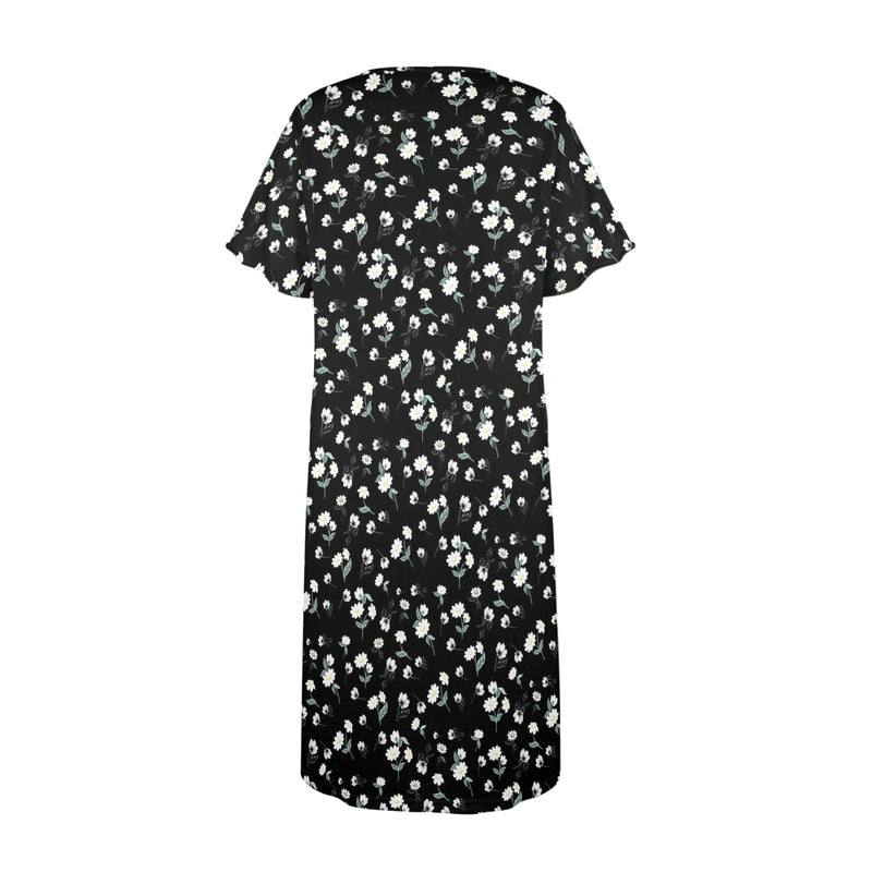 white and black floral print 2A Women's Button Front House Dress - Objet D'Art