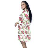 red pink white floral rose print 2 Half Sleeves V-Neck Mini Dress (Model D63) - Objet D'Art