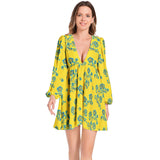 Floral Sunrise Lantern Sleeve Deep V-Neck Short Dress - Objet D'Art