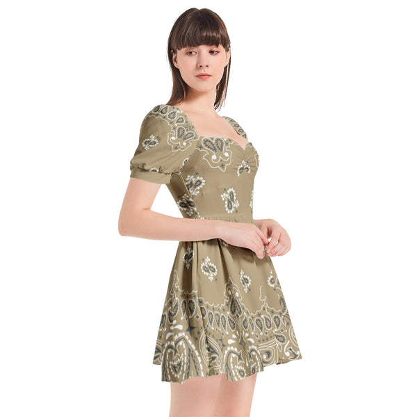Bandana Art Puff Sleeve Sweetheart Neck Short Dress - Objet D'Art
